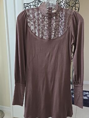 Free People Mocha Lace-Yoke Long Sleeve Tunic Sz S/P